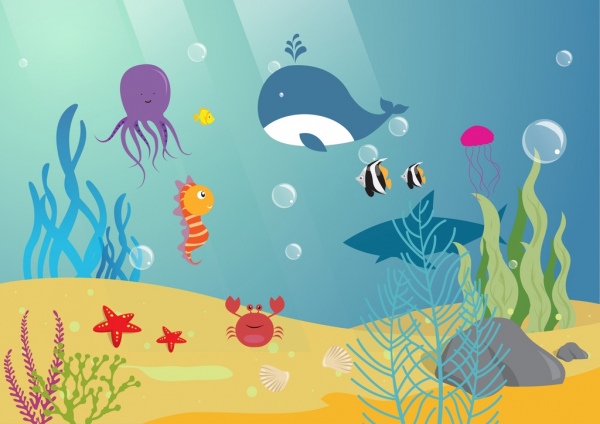 Iconos coloridos animales marinos del océano de fondo estilo de dibujos animados