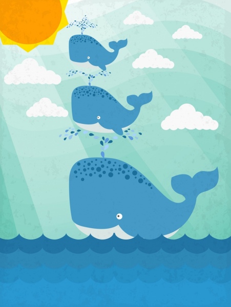 fundo marinho baleias brincalhão ícones dos desenhos animados coloridos design