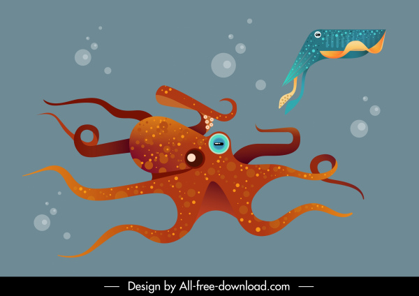 Meereshintergrund Schwimmen Oktopus Fisch Skizze
