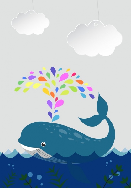 Đại Dương, cá voi trang trí biểu tượng phong cách cắt giấy nền