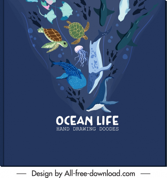 해양 배너 템플릿 바다 생물 스케치 동적 디자인