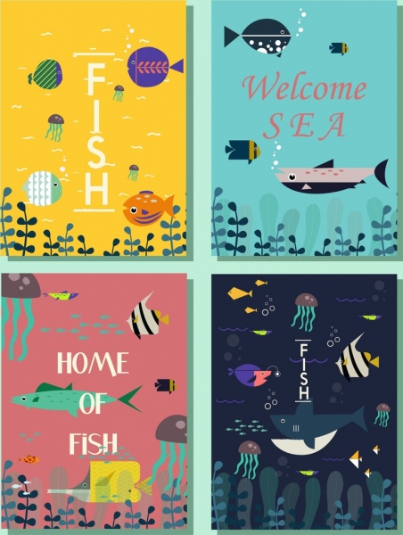 Cubierta de libro peces marinos plantillas de iconos de dibujos animados de colores