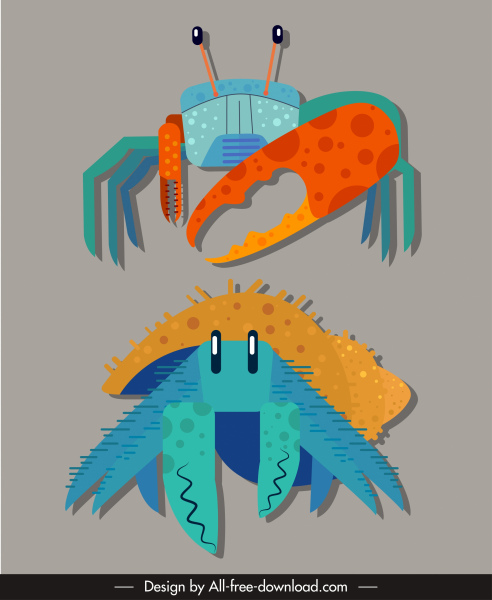 iconos de cangrejo marino colorido primer plano bosquejo