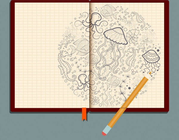 makhluk laut yang menggambar notebook realistis latar belakang desain