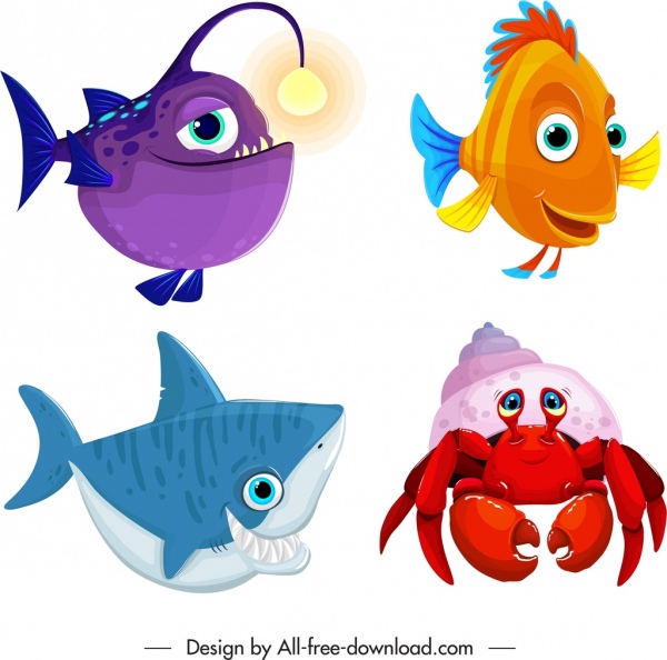 ícones da criatura marinha bonito desenho animado peixe esboço do caranguejo