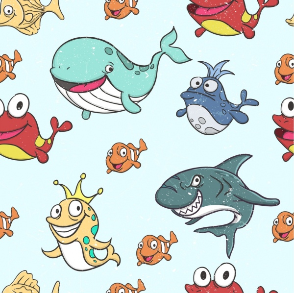 criaturas marinhas fundo ícones coloridos desenhos animados estilizados