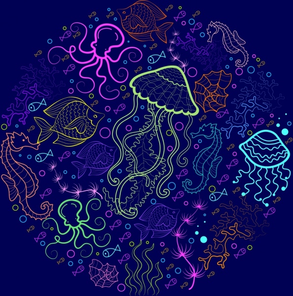 makhluk laut latar belakang berwarna-warni sketsa