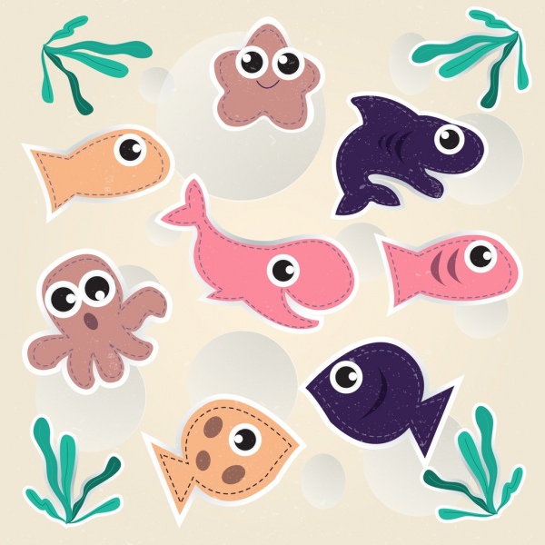 Antecedentes iconos de criaturas marinas multicolor de corte de papel