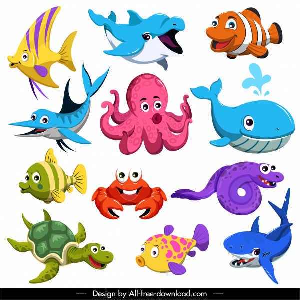 créatures marines icônes mignon croquis de dessin animé coloré