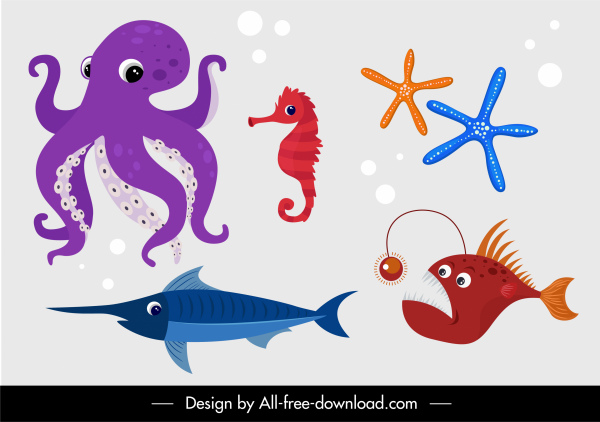 criaturas marinas iconos peces caballito de mar estrella de mar pulpo boceto