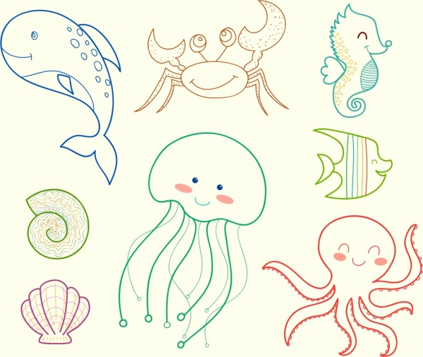 морских существ иконы handdrawn наброски