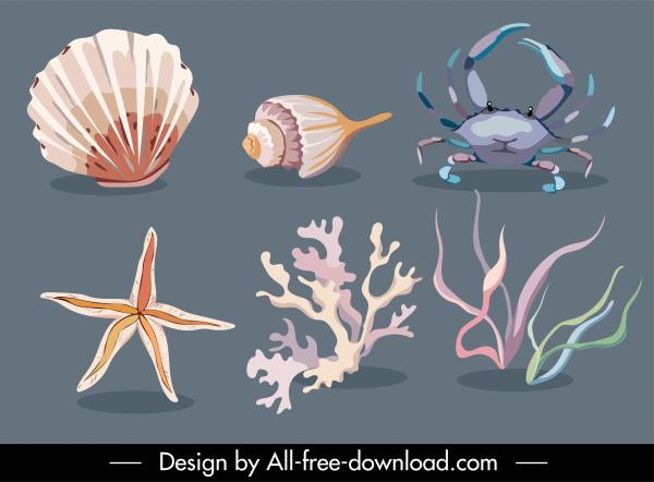 해양 디자인 요소 고전 바다 동물 식물 스케치