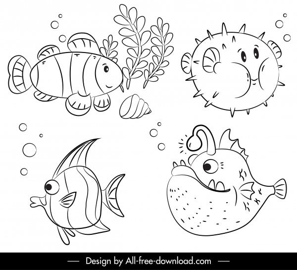 elementos marinhos peixes espécies esboço desenho desenhado à mão