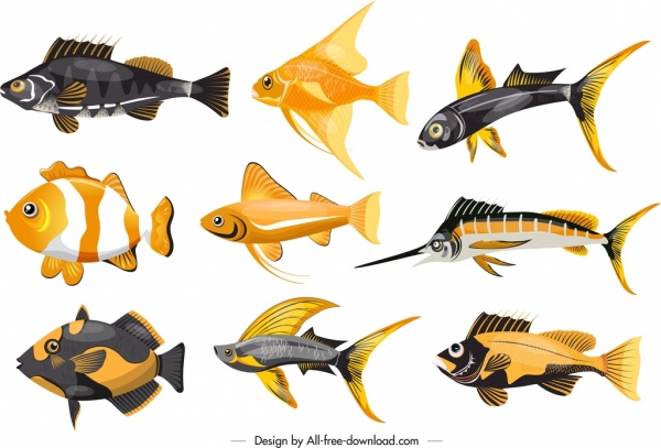 ikon ikan laut sketsa bentuk warna-warni