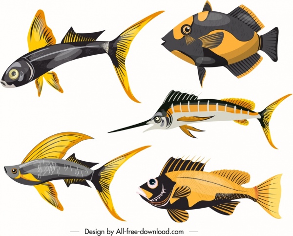 ícones de peixes marinhos brilhantes coloridos esboço moderno