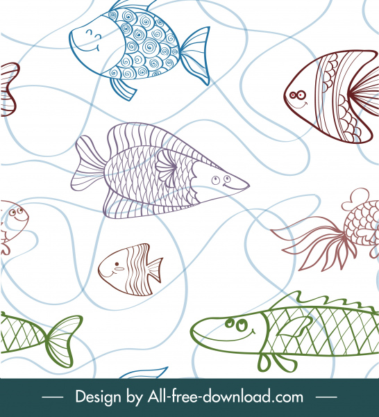 海洋魚パターン平らな手描きのスケッチ