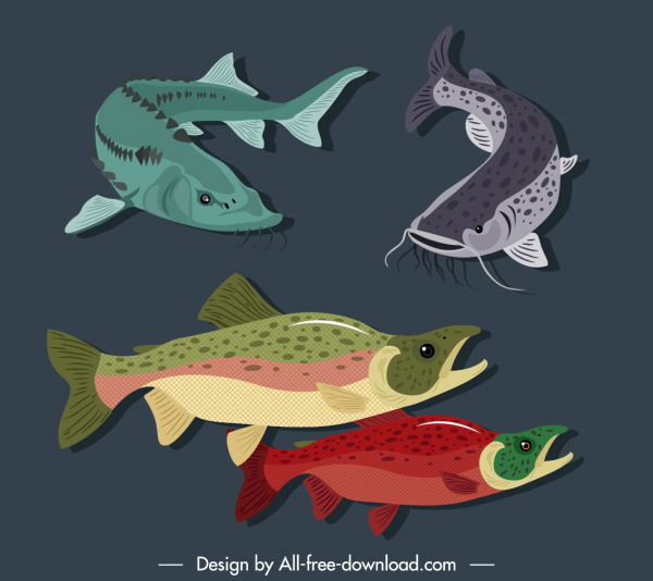 peces marinos especies iconos de color dibujado a mano diseño