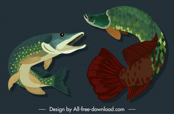 ikon spesies ikan laut berwarna sketsa gerakan