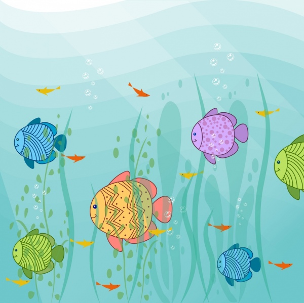 морской жизни, рисунок красочный handdrawn рыбы значки