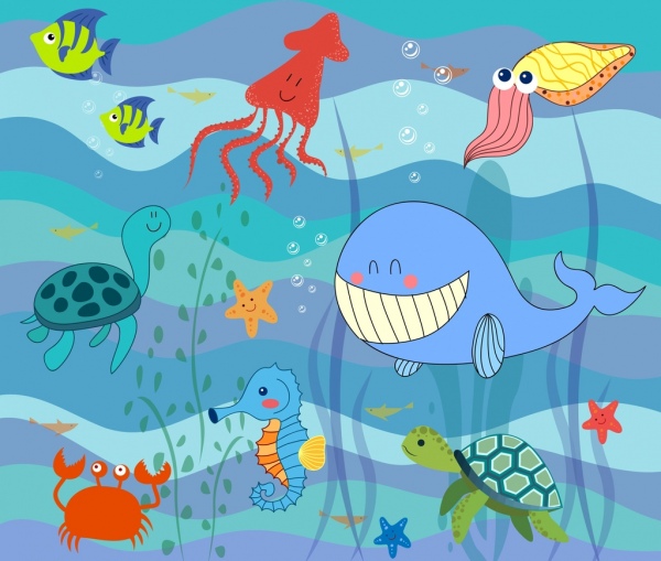 vida marinha ícones de criatura do oceano de desenho estilizado design