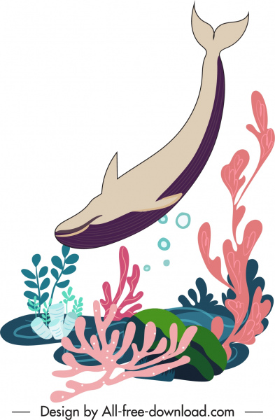 海洋繪畫游泳鯨魚素描五顏六色的經典