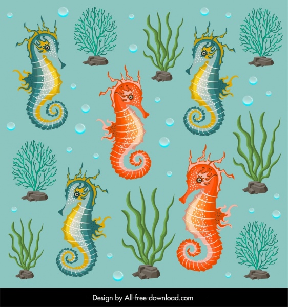 modelo de padrão marinho cavalos-marinhos coral ícones decoração