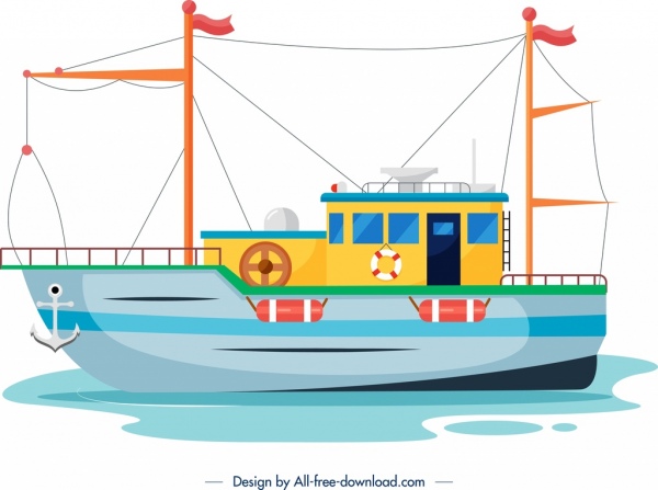 ikon kapal laut sketsa datar warna-warni