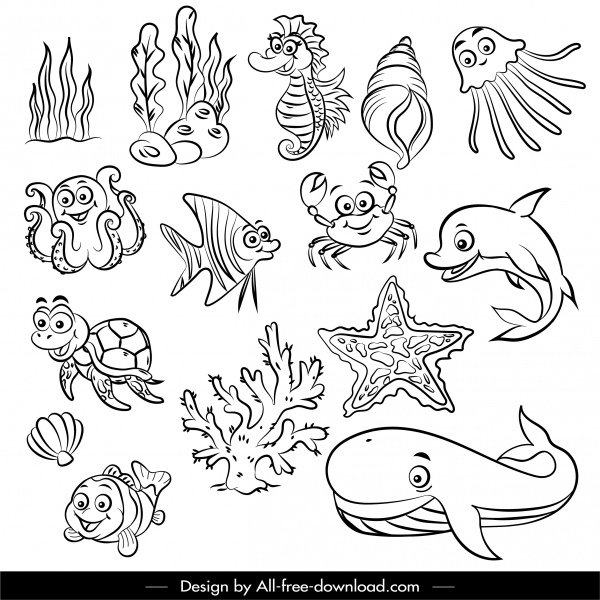 ikony gatunków morskich czarny biały ręcznie rysowany szkic z kreskówek