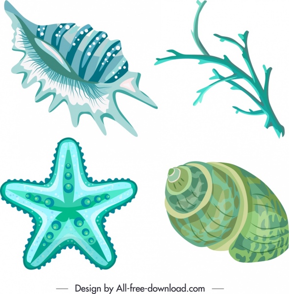 해양 종 아이콘 쉘 산호 불가사리 스케치 블루