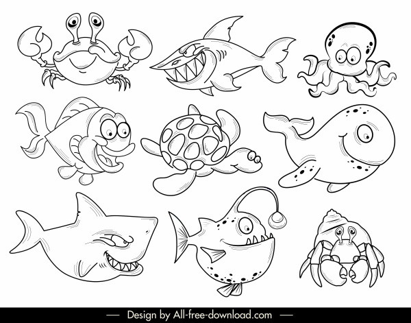 ícones de espécies marinhas personagens de desenho animado preto branco desenhado à mão