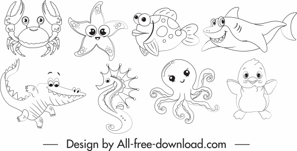 icônes d’espèces marines dessin animé croquis noir blanc tiré à la main