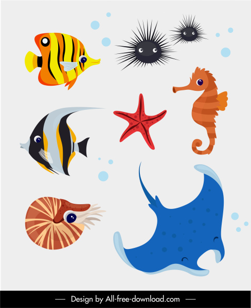 Meeresarten Ikonen bunte Tiere Skizze