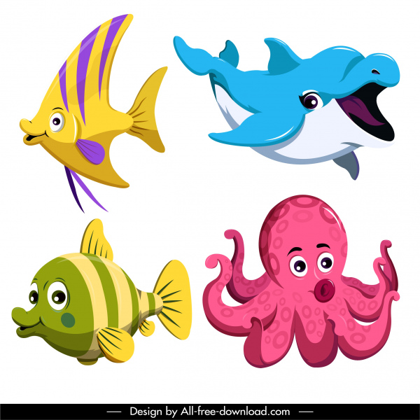 Marine Species Icons Cute Cartoon Fish Octopus Sketch-vector Cartoon-free  Vector Free Download