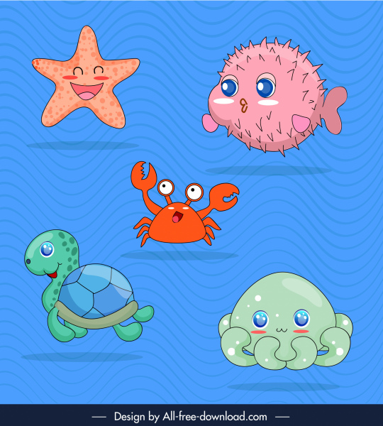 esboço de bonito dos desenhos animados de ícones de espécies marinhas