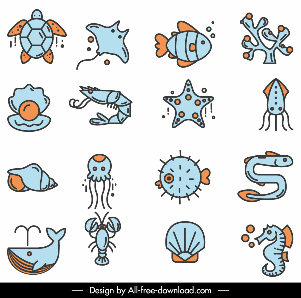 iconos de especies marinas boceto plano dibujado a mano
