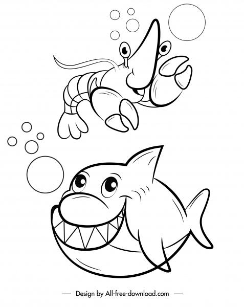 iconos de especies marinas divertido personaje de dibujos animados dibujado a mano bosquejo