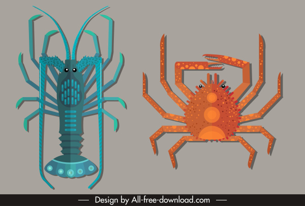 ikony gatunków morskich homara szkic kraba kolorowe płaskie