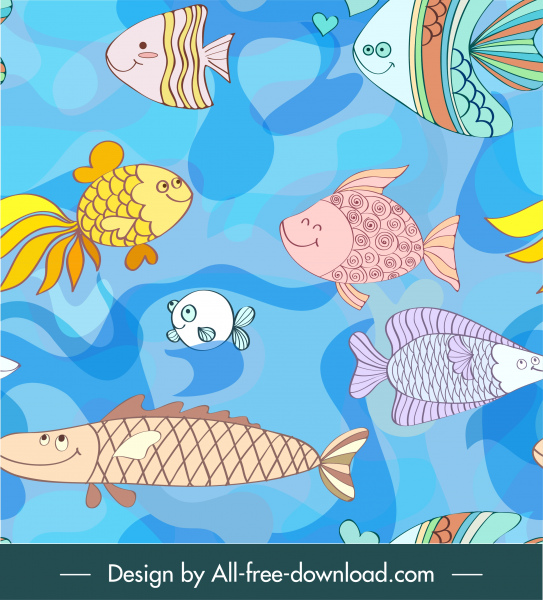 patrón de especies marinas lindo dibujos animados peces colorido dibujado a mano