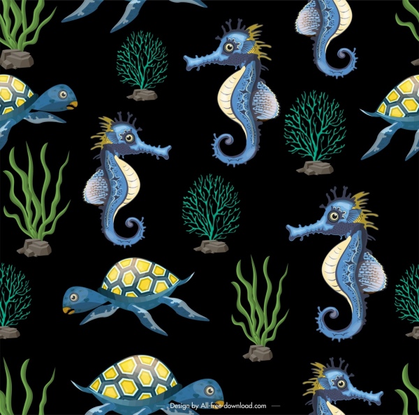 espécies marinhas padrão Hippocampus tartaruga ícones coral decoração