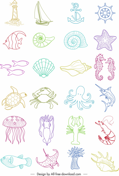 ícones marinhos símbolos espécies elementos marítimos esboço handdrawn