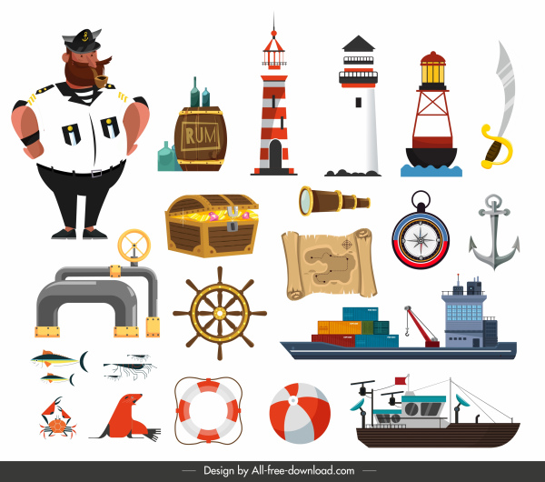maritime Design-Elemente bunte Meer Symbole Skizze