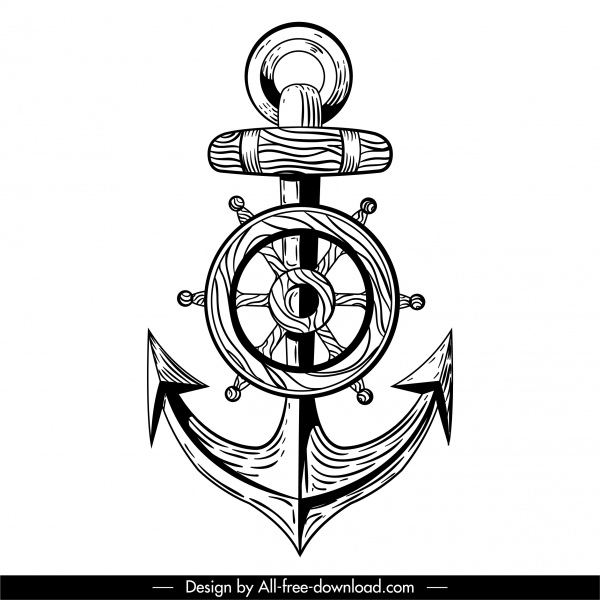 maritime Tattoo-Vorlage schwarz weiß Anker Lenkrad