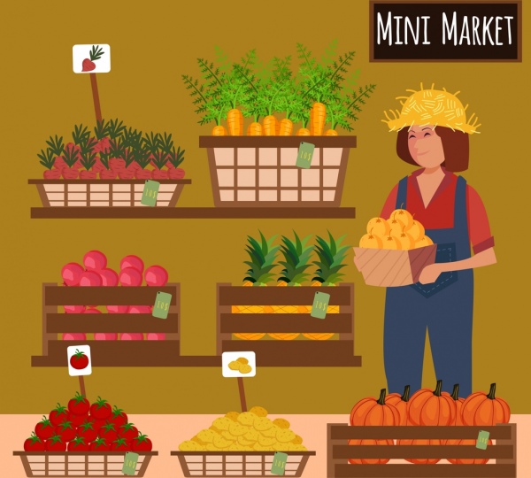 la publicité du marché des fruits et légumes display femme icône