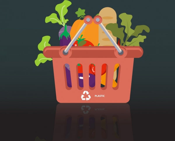 Concepto de fondo de la cesta de compras plástico mercado iconos vegetales