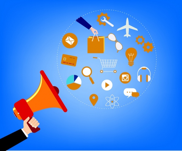 ícone de alto-falante do conceito de marketing de vários símbolos coloridos negócios