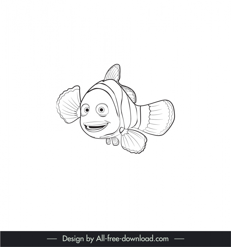 Marlin findet Nemo-Ikone schwarz weiß handgezeichneter Karikaturumriss