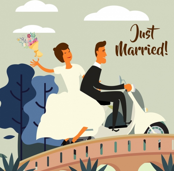 pernikahan latar belakang jembatan pengantin laki-laki sepeda motor ikon kartun berwarna