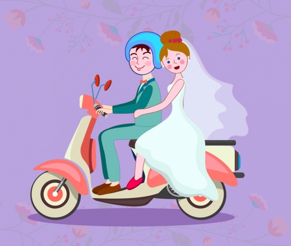 casal de fundo casamento montando design retro scooter