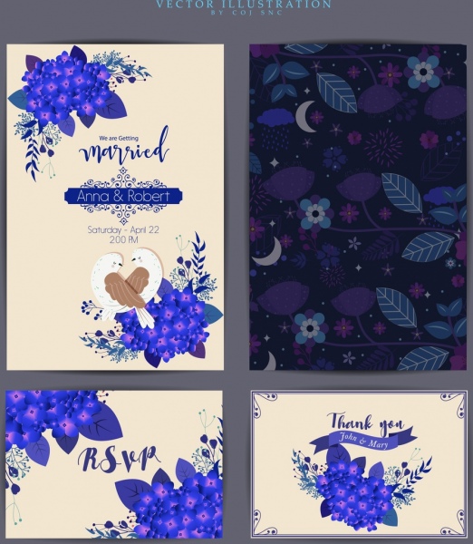 Plantilla de tarjeta de matrimonio flores púrpura iconos naturaleza decoracion