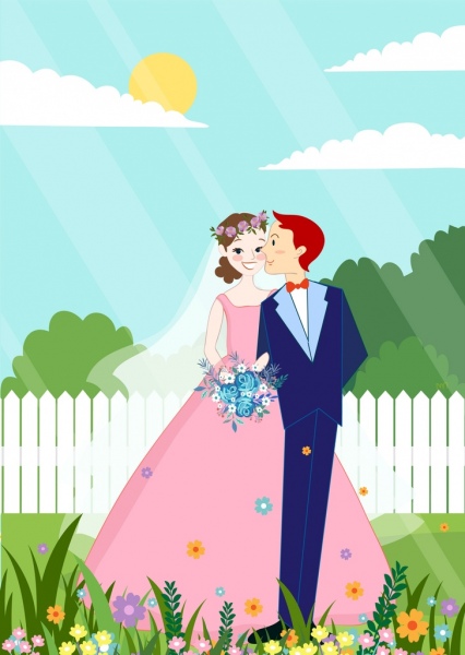casamento casal fundo colorido cartoon design